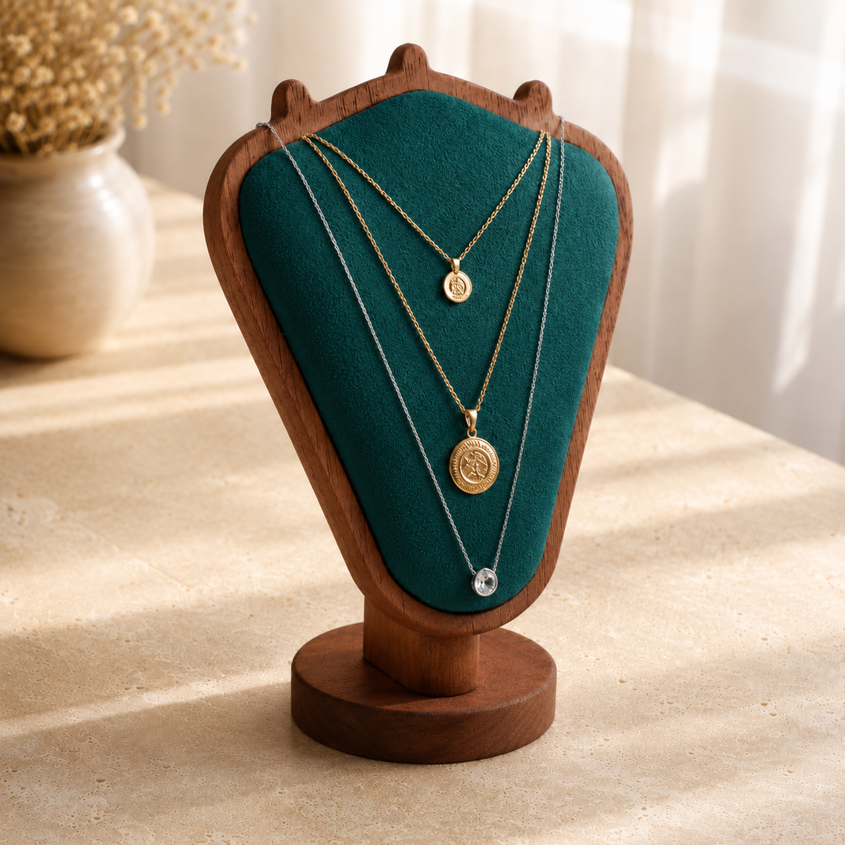 Support bijoux colliers bois vert - vue angle