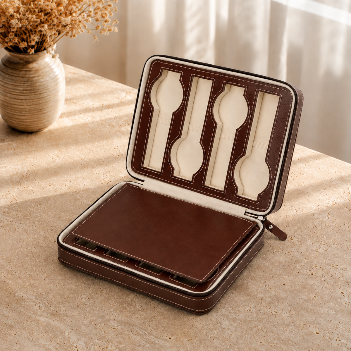 Boite a montres en cuir voyage marron 8 emplacements - decor vase fleurs sechees