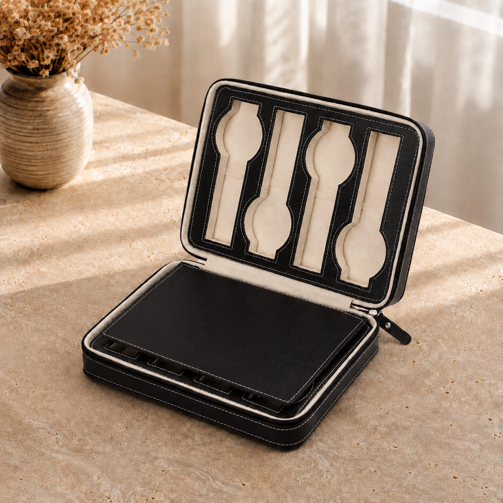 Boite a montres en cuir voyage noir 8 emplacements - decor vase fleurs sechees