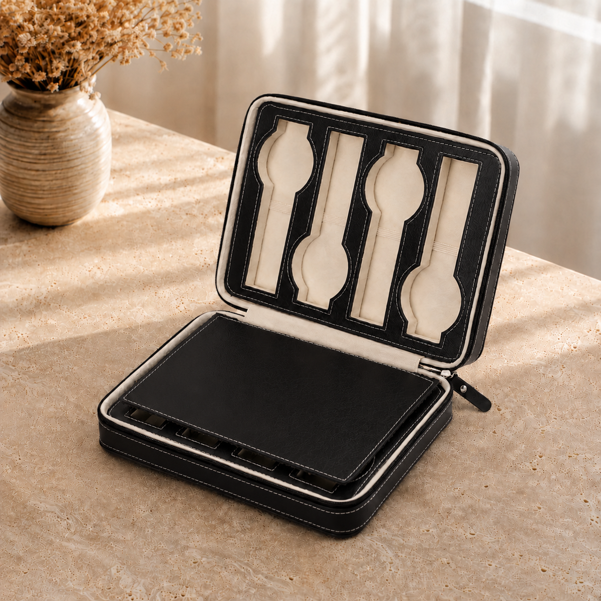 Boite a montres en cuir voyage noir 8 emplacements - decor vase fleurs sechees