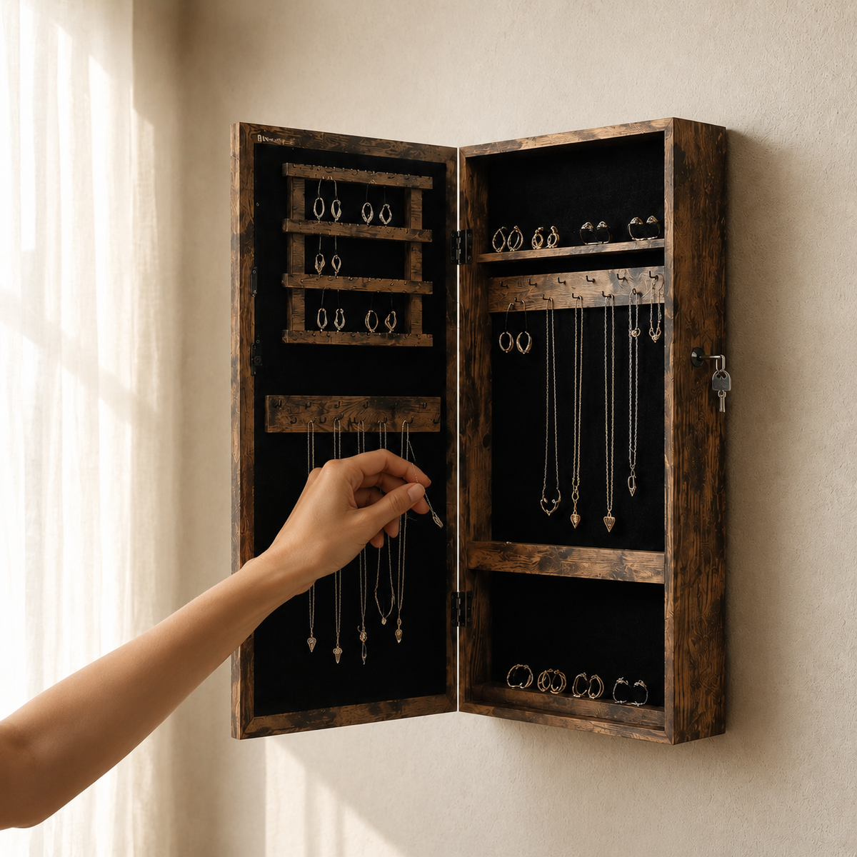 Armoire À Bijoux Murale Bois Foncé Avec Miroir en situation, main pour reference d'echelle