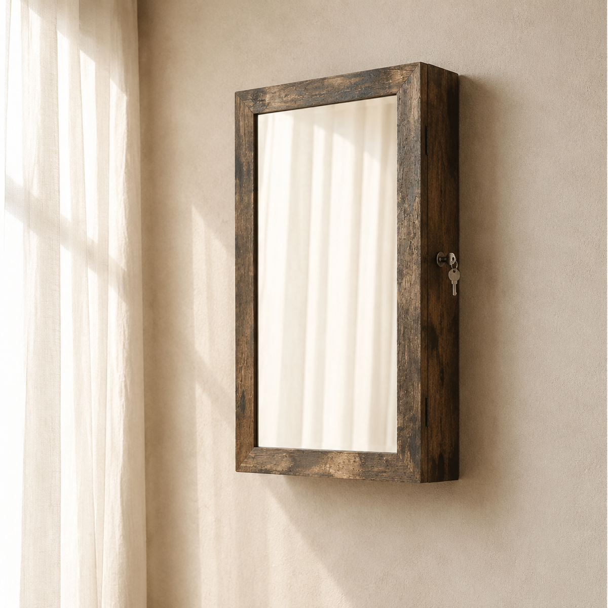Armoire À Bijoux Murale Bois Foncé Avec Miroir vue studio sur fond neutre
