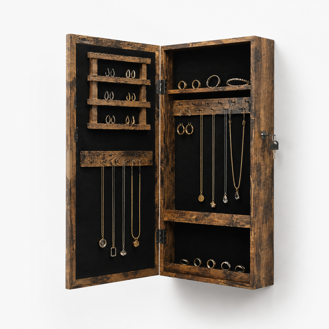 Armoire À Bijoux Murale Bois Foncé Avec Miroir vue studio sur fond neutre, angle alternatif Image