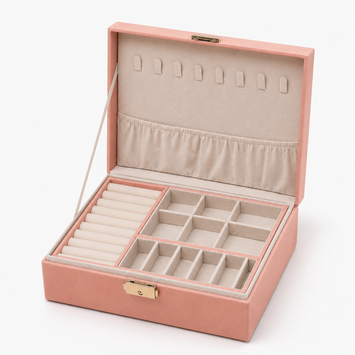 Boîte À Bijoux Cuir Rose ouverte, vue studio sur fond neutre Image