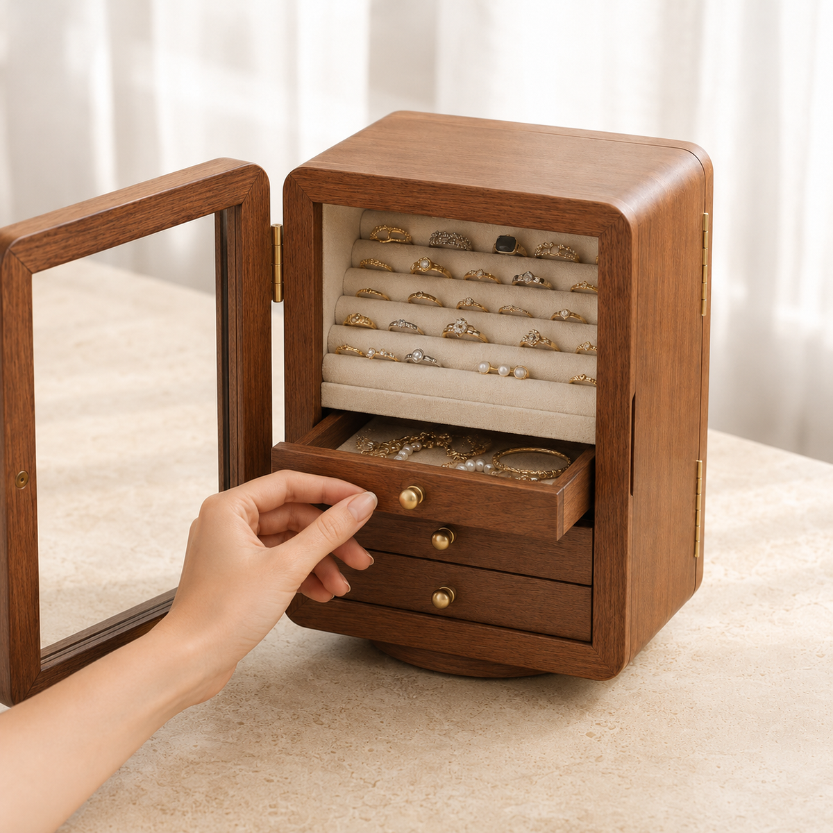 Boîte À Bijoux Rotative En Bois Foncé Avec Vitre Transparente en situation, main pour reference d'echelle