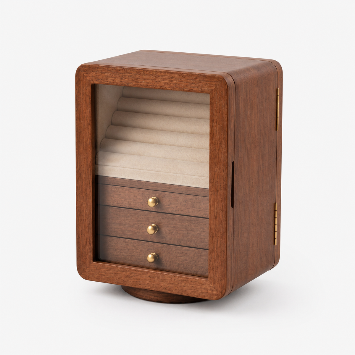 Boîte À Bijoux Rotative En Bois Foncé Avec Vitre Transparente vue studio sur fond neutre, angle alternatif Image
