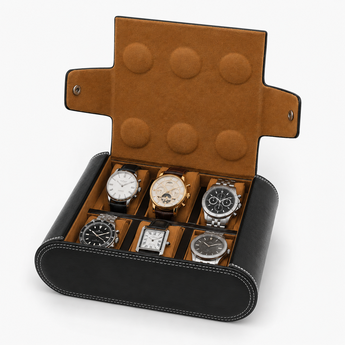 Boîte À Montres En Cuir Noir Intérieur Camel vue studio sur fond neutre, angle alternatif Image