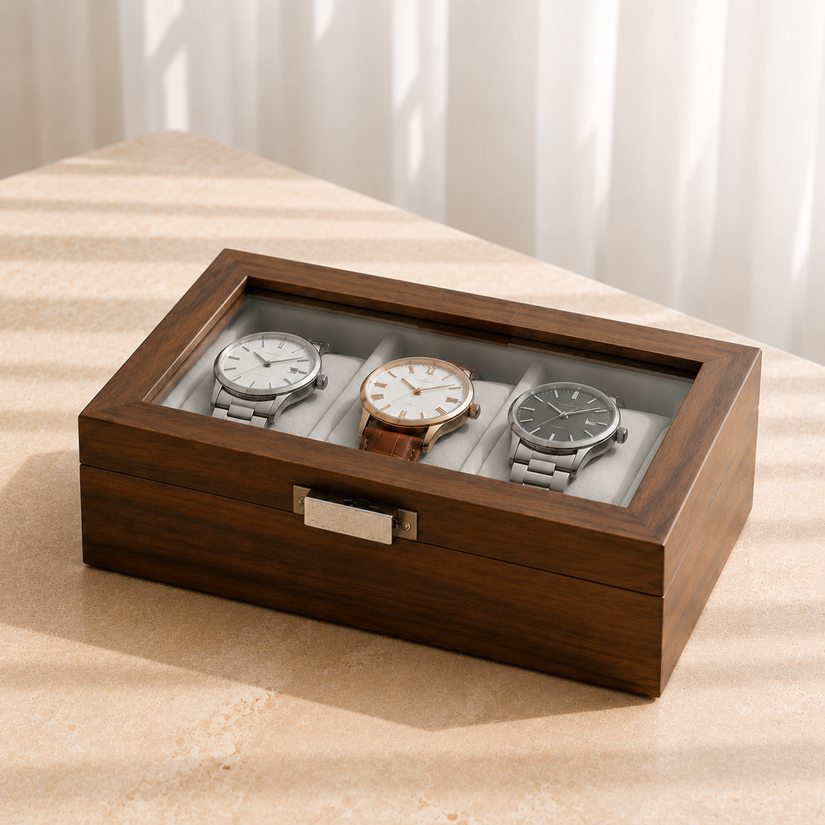Boîte à Montres 3 Slots en Bois ferme, vue en situation