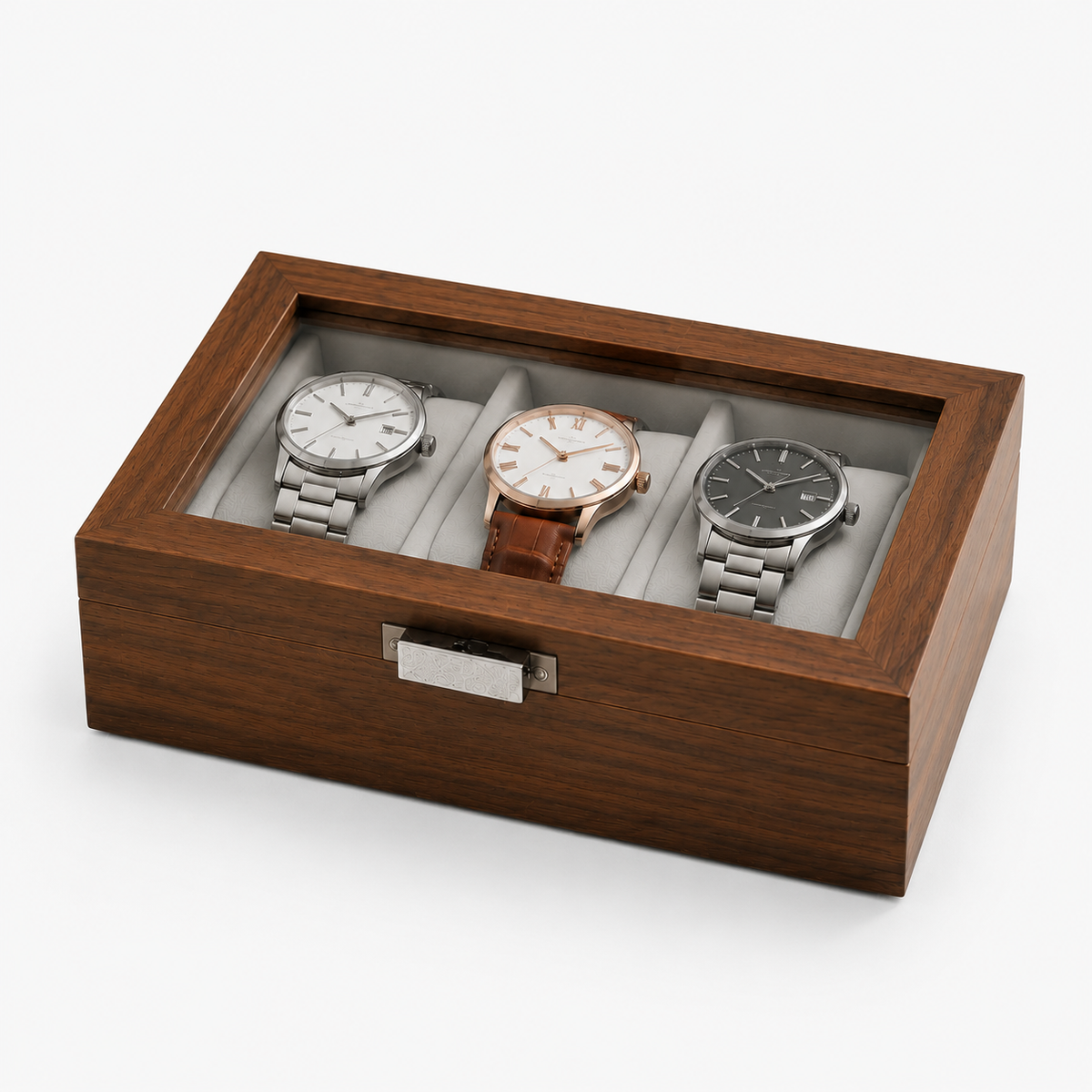 Boîte à Montres 3 Slots en Bois vue studio sur fond neutre Image