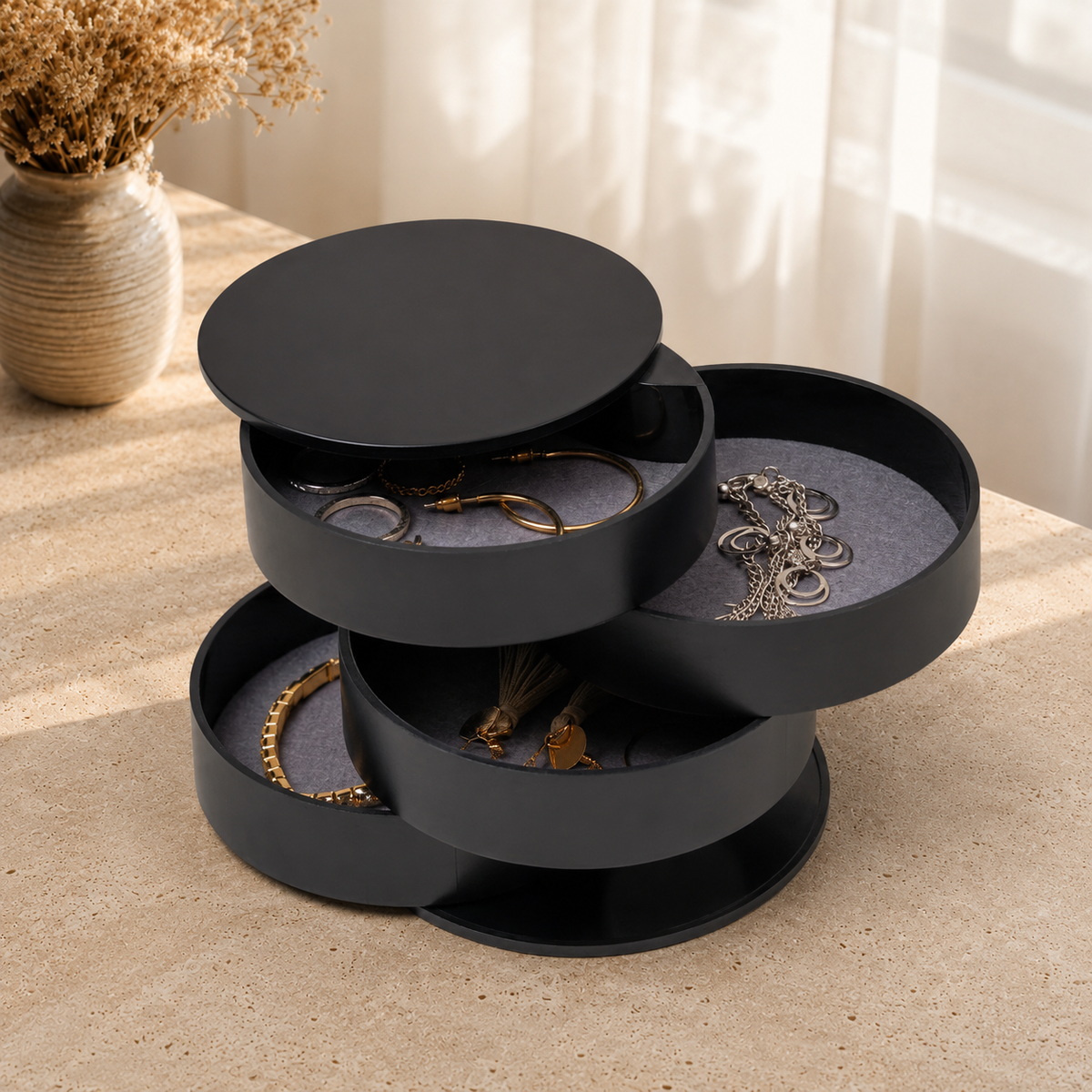 Boîte À Bijoux Ronde À Plateaux Pivotants