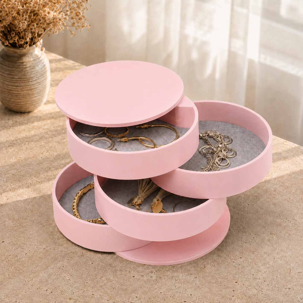 Boîte À Bijoux Ronde À Plateaux Pivotants