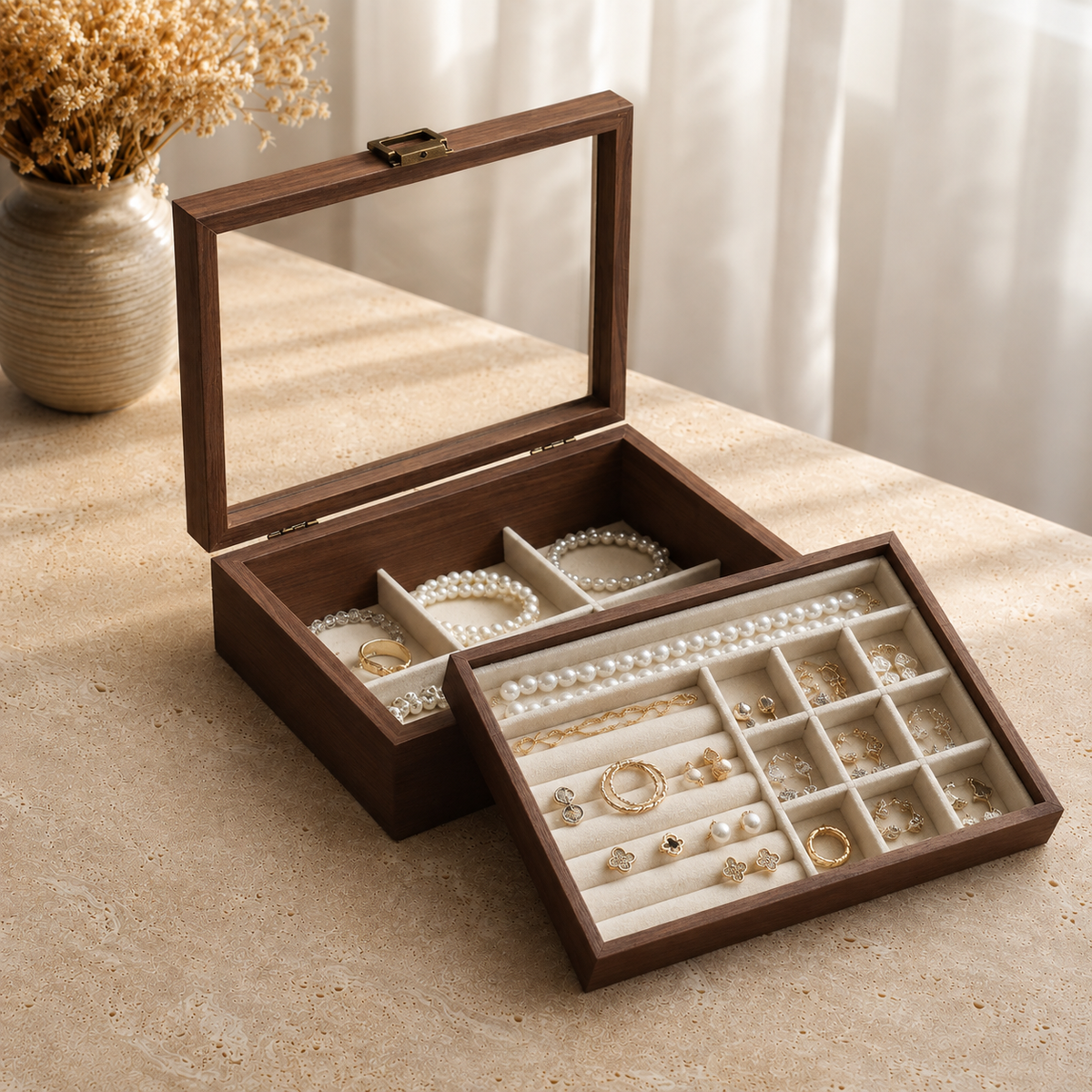 Boîte À Bijoux Coffret Bois Double Plateau