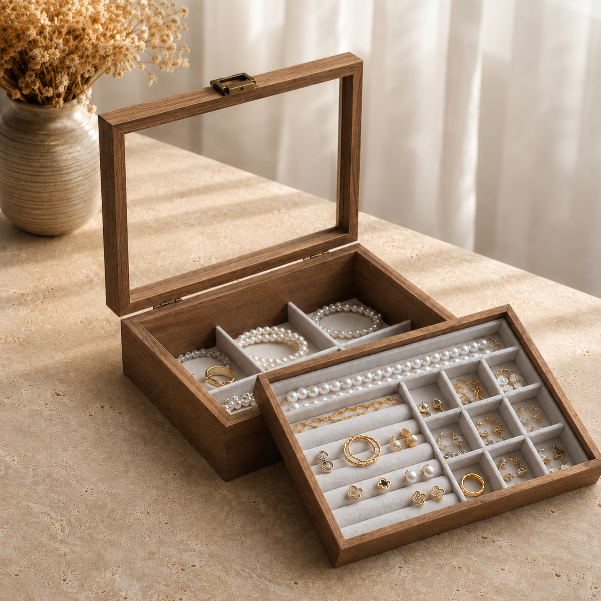 Boîte À Bijoux Coffret Bois Double Plateau