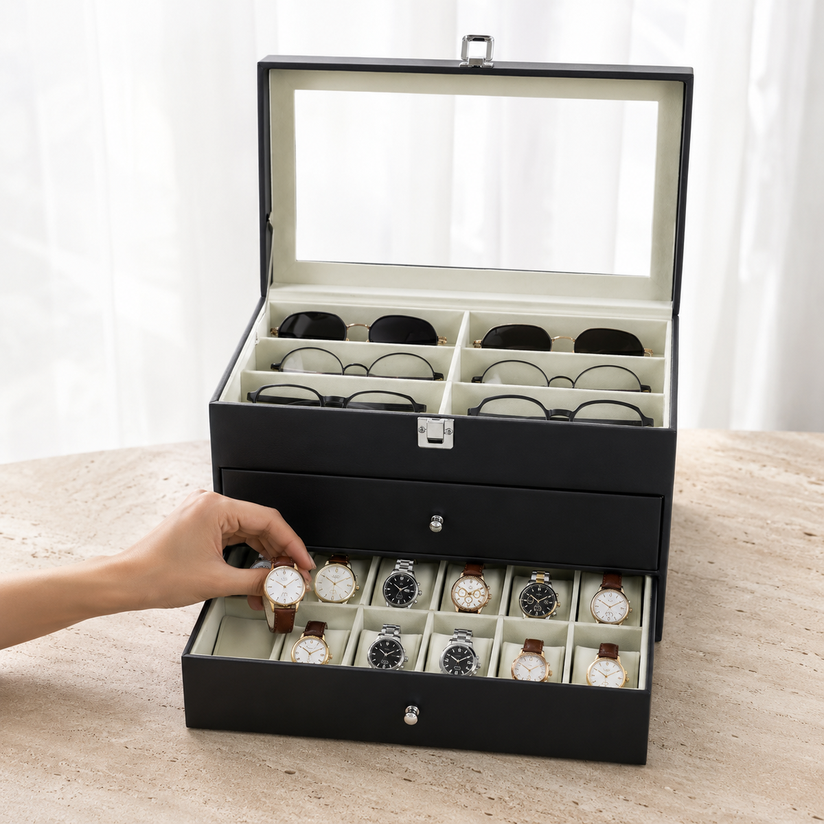 Coffret de Rangement Montres et Lunettes Avec Tiroir