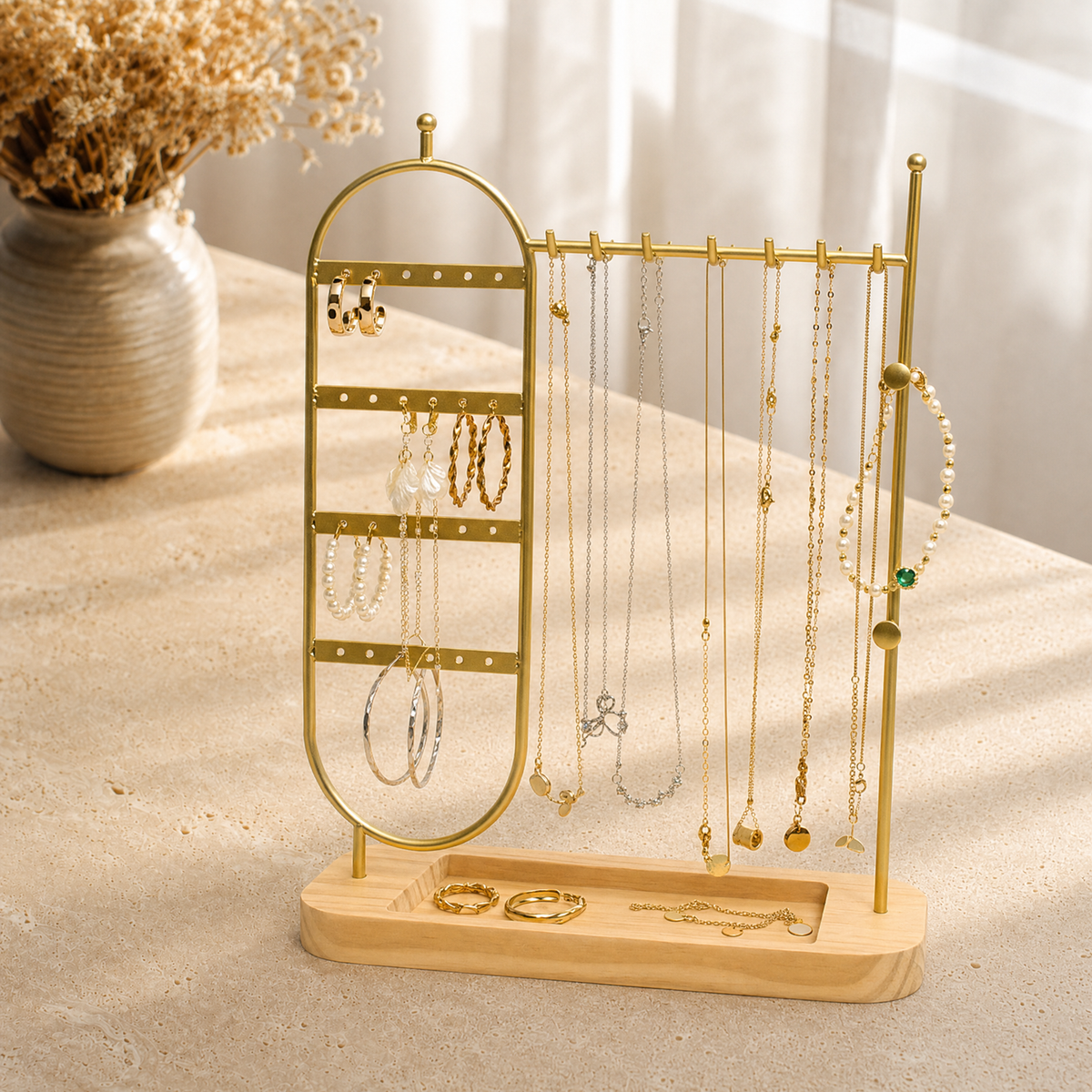 Présentoir à bijoux métal doré base bois