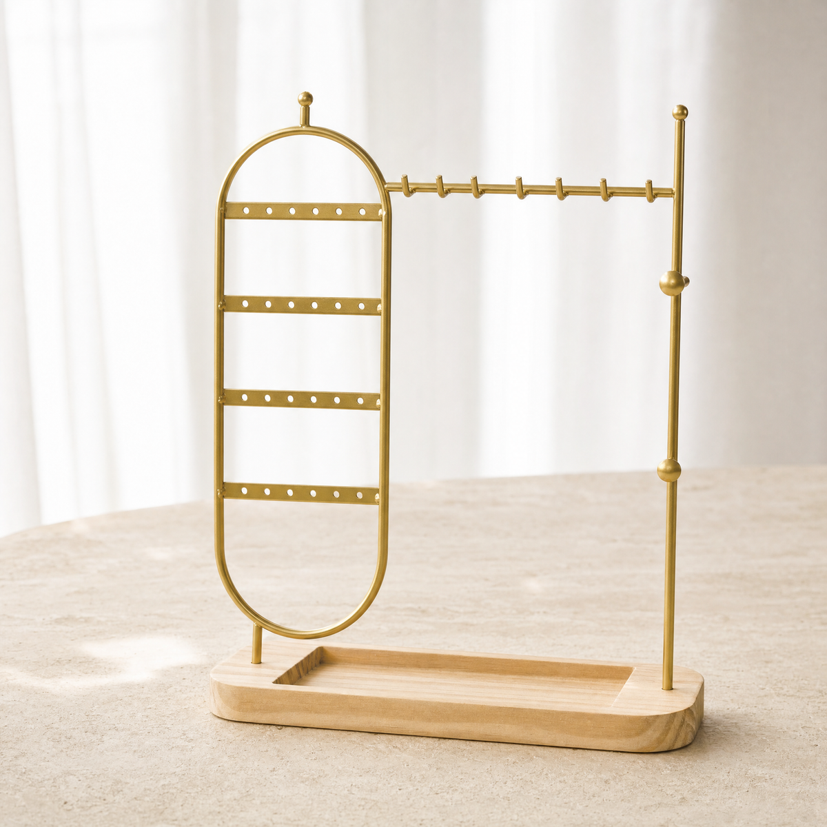 Présentoir à bijoux métal doré base bois