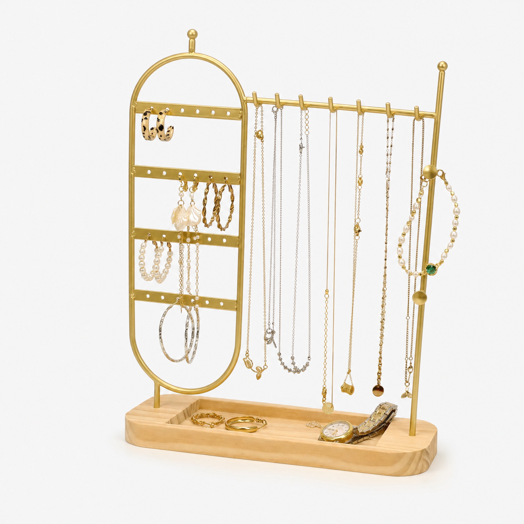 Présentoir à bijoux métal doré base bois Image