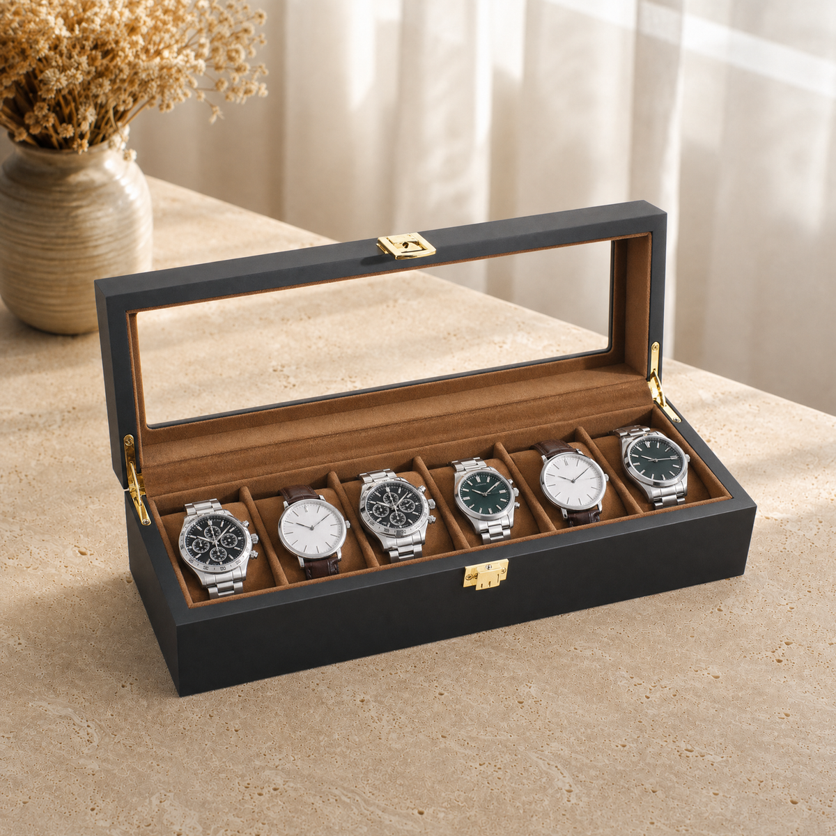 Boîte à montres bois noir couvercle vitré
