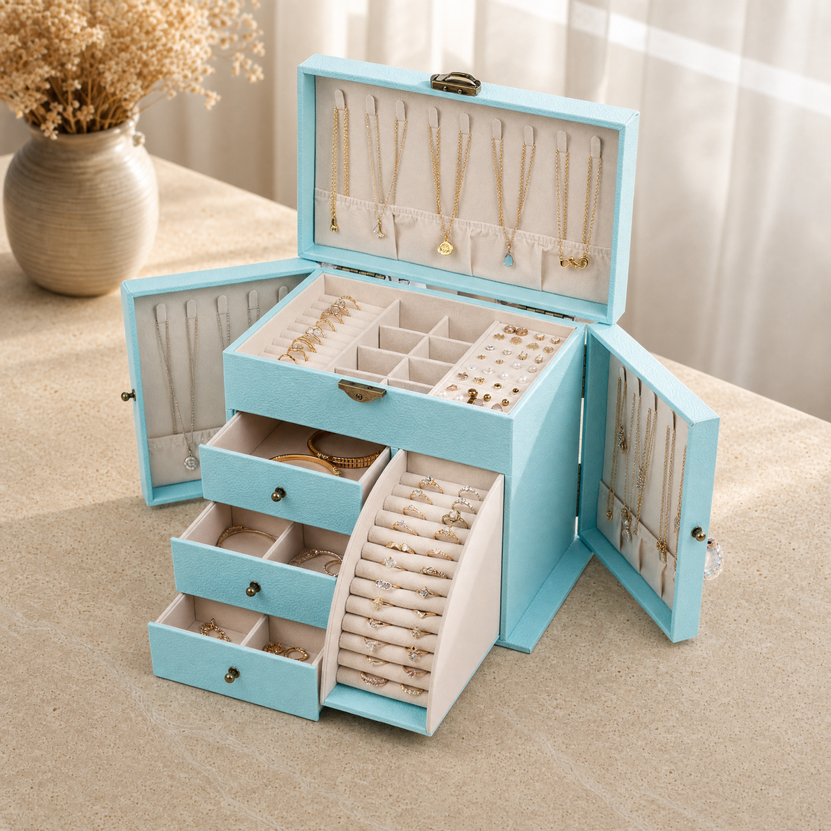Grande boîte à bijoux cuir bleu clair tiroirs