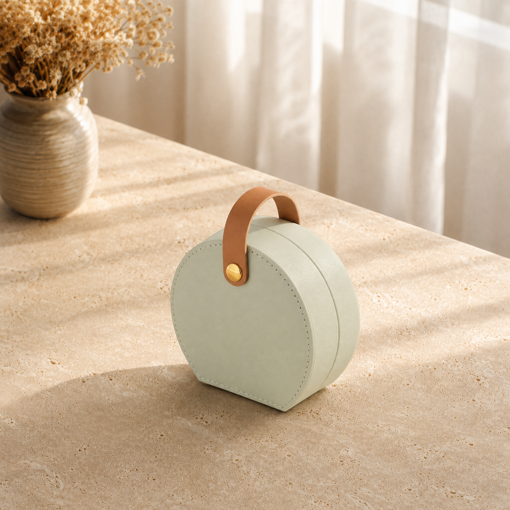 Petite boîte à bijoux ronde cuir vert sauge