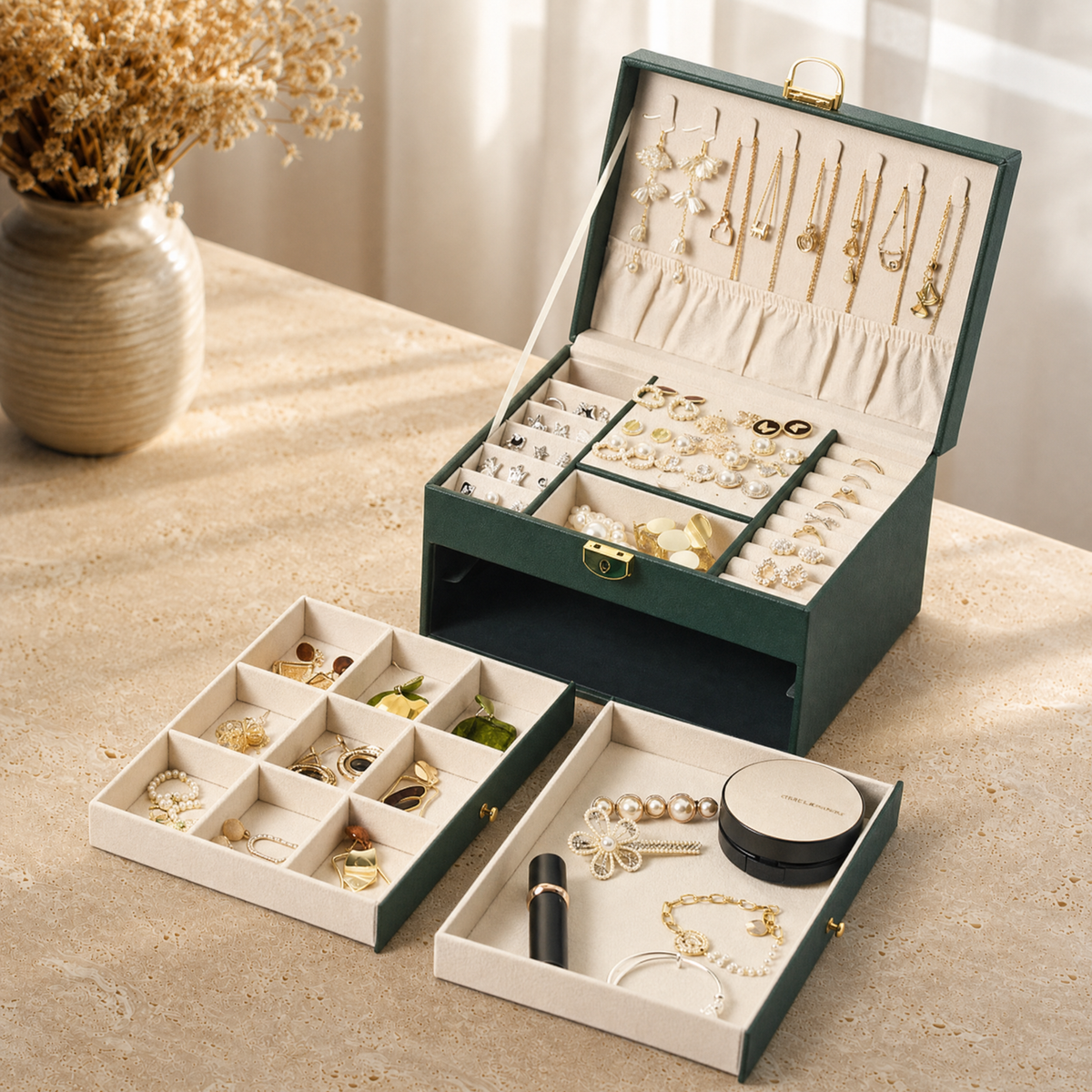 Boîte à bijoux femme cuir vert foncé