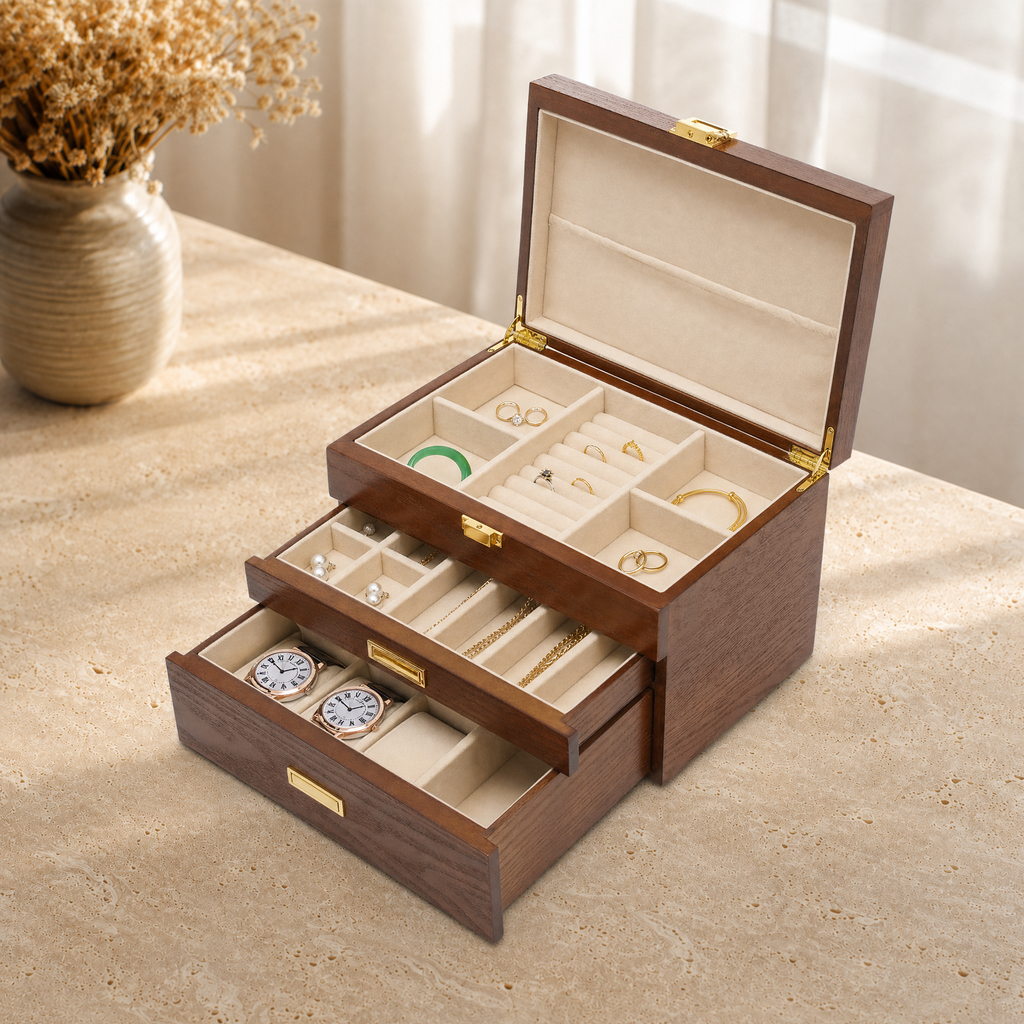 Boîte à bijoux bois avec tiroirs fermoir doré