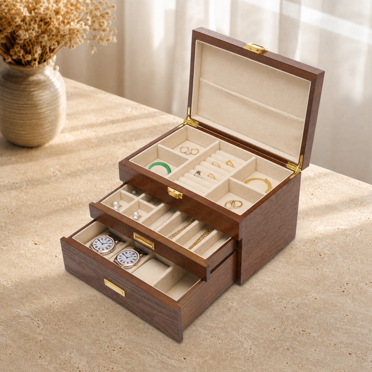 Boîte à bijoux bois avec tiroirs fermoir doré