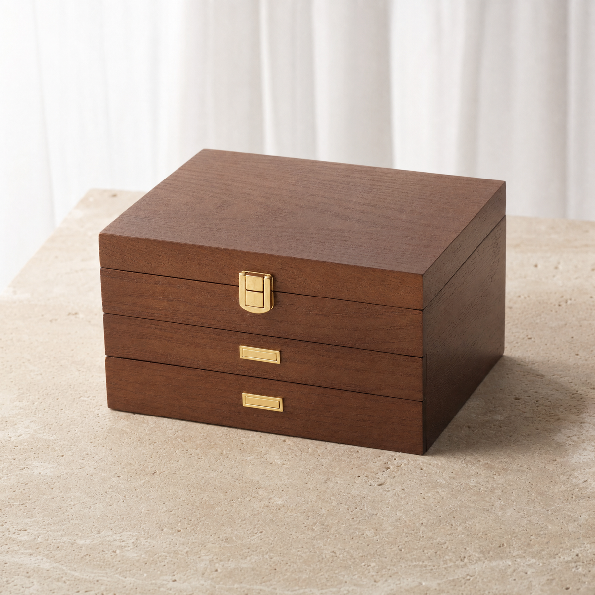 Boîte à bijoux bois avec tiroirs fermoir doré