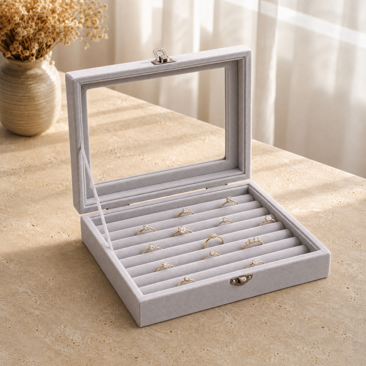 Coffret à bagues velours gris couvercle vitré