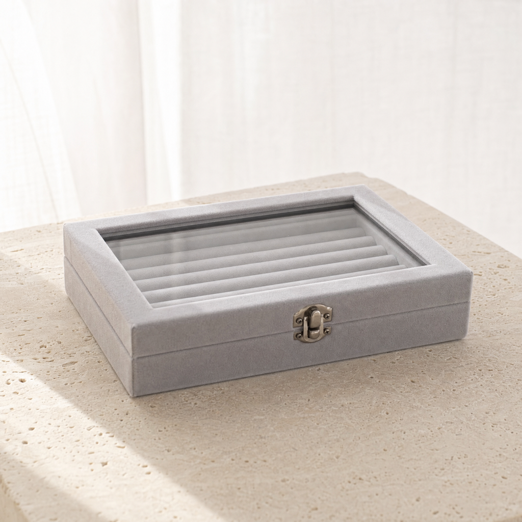 Coffret à bagues velours gris couvercle vitré