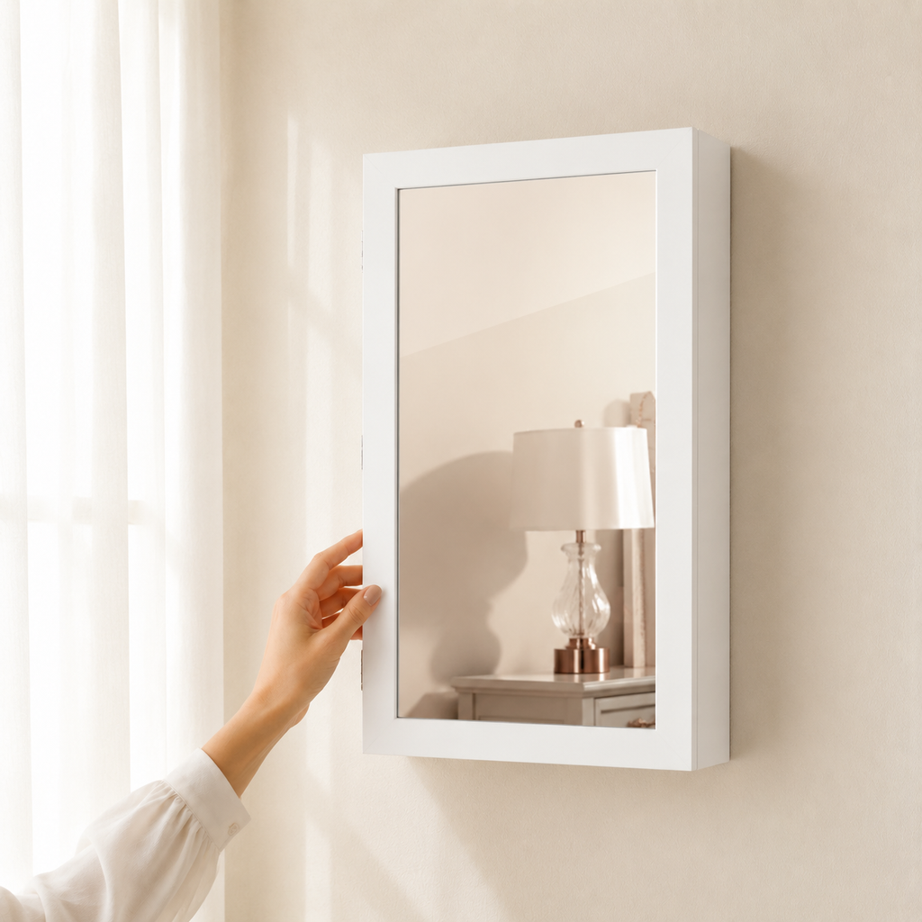 Petite Armoire À Bijoux Blanche Murale Miroir Élégant