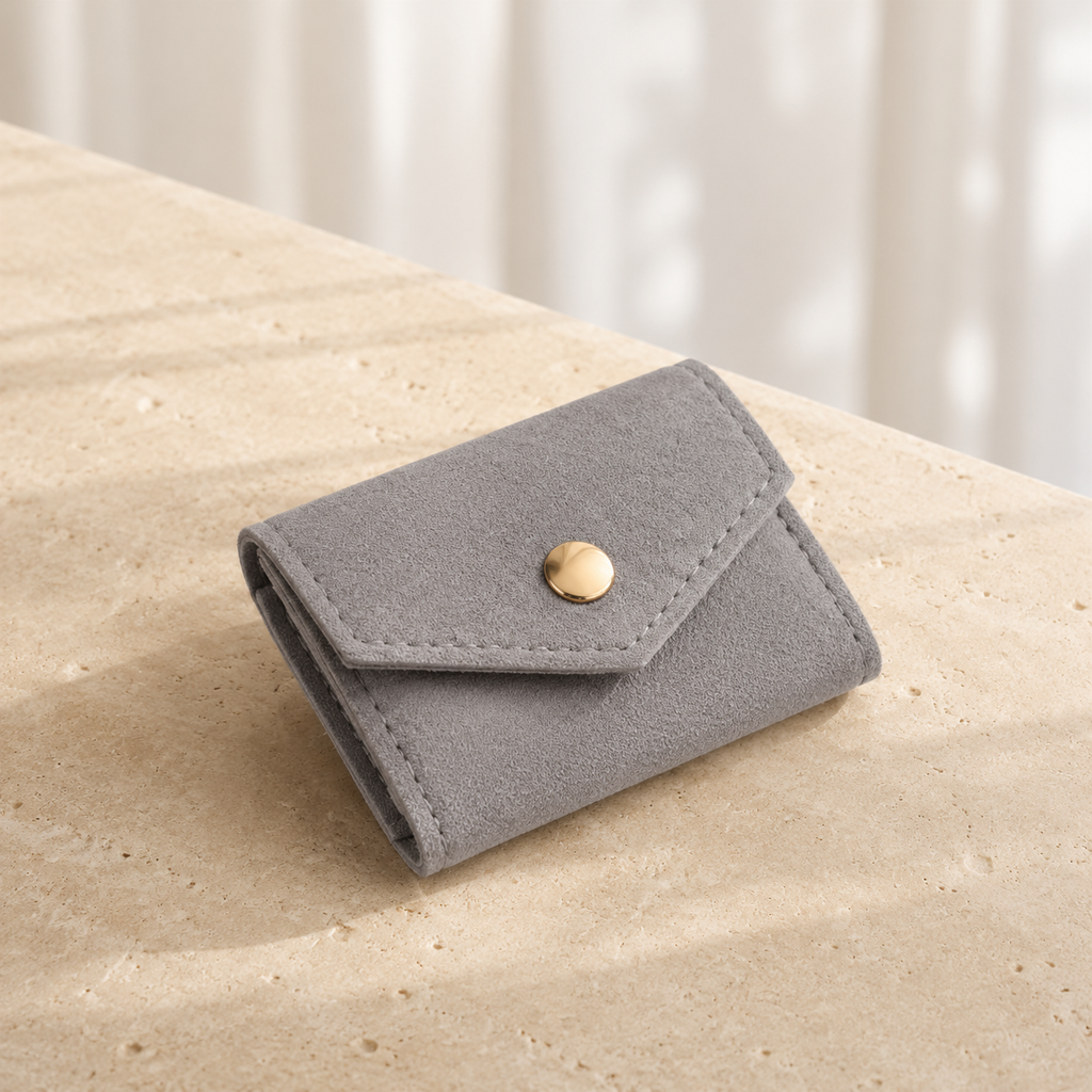 Pochette Bijoux Voyage Suédine ferme (Gris), vue en situation