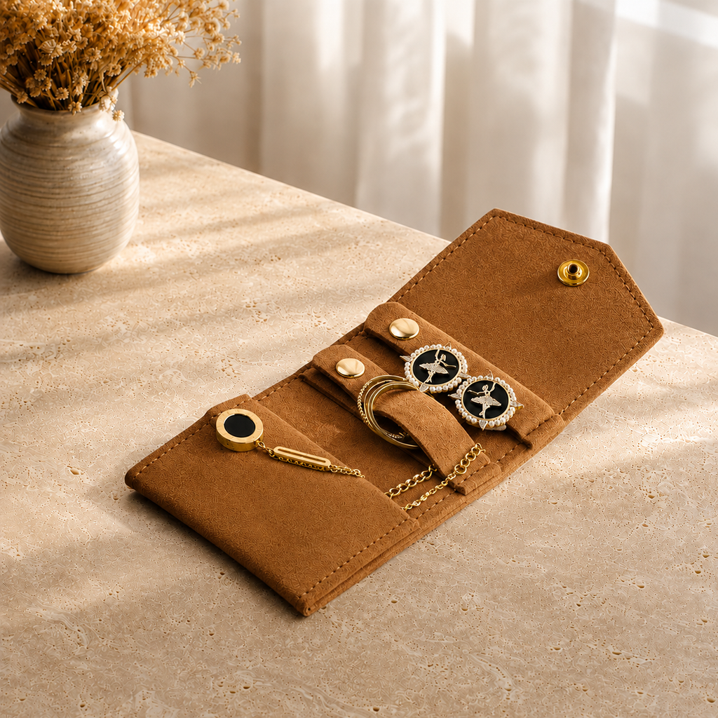 Pochette Bijoux Voyage Suédine presente en situation (Marron) avec vase de fleurs sechees en arriere-plan