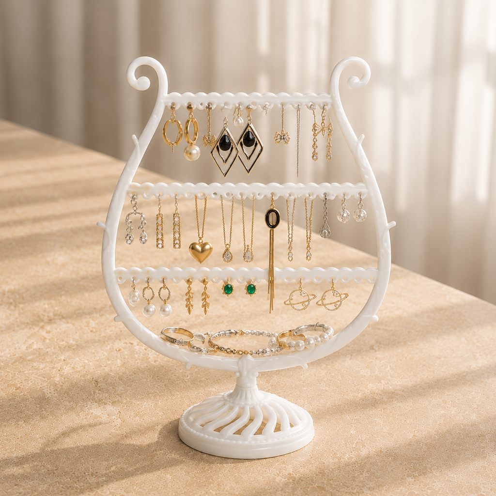 Présentoir À Boucles D’Oreilles Blanc Trois Niveaux entierement garni de bijoux, en situation (Blanc)
