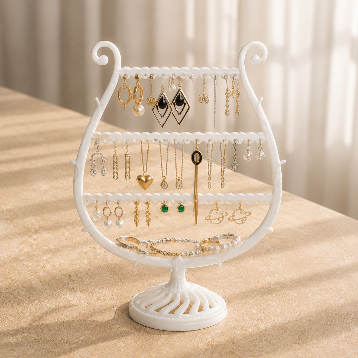 Présentoir À Boucles D’Oreilles Blanc Trois Niveaux entierement garni de bijoux, en situation (Blanc)