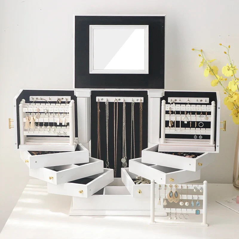 Grande Boîte À Bijoux En Bois Blanc Avec Miroir
