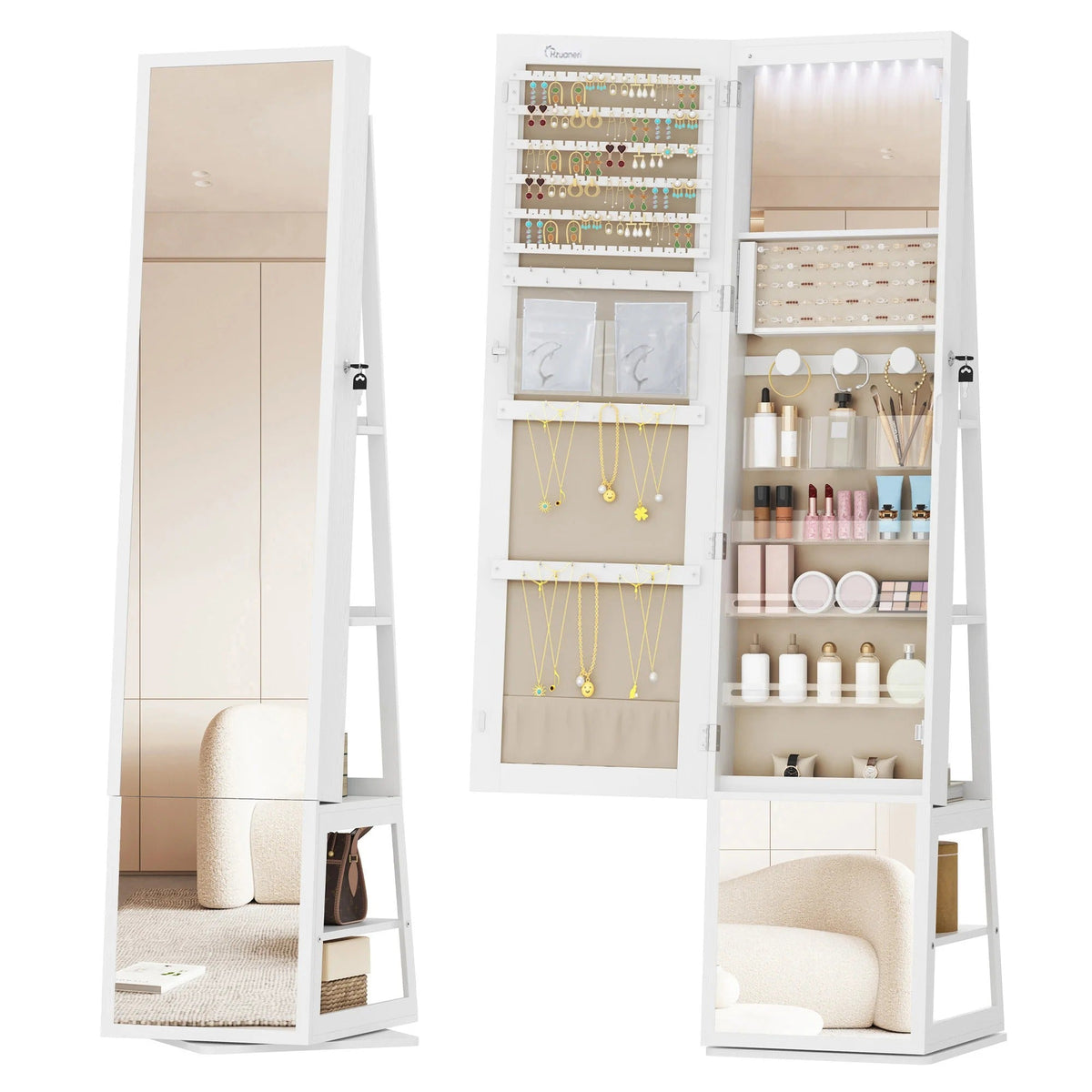 Armoire À Bijoux Sur Pied Avec Miroir Et Led